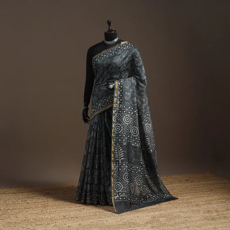 Grey - Chanderi Silk Hand Block Print Bagru Saree with Zari Border 16 sold by Itokri