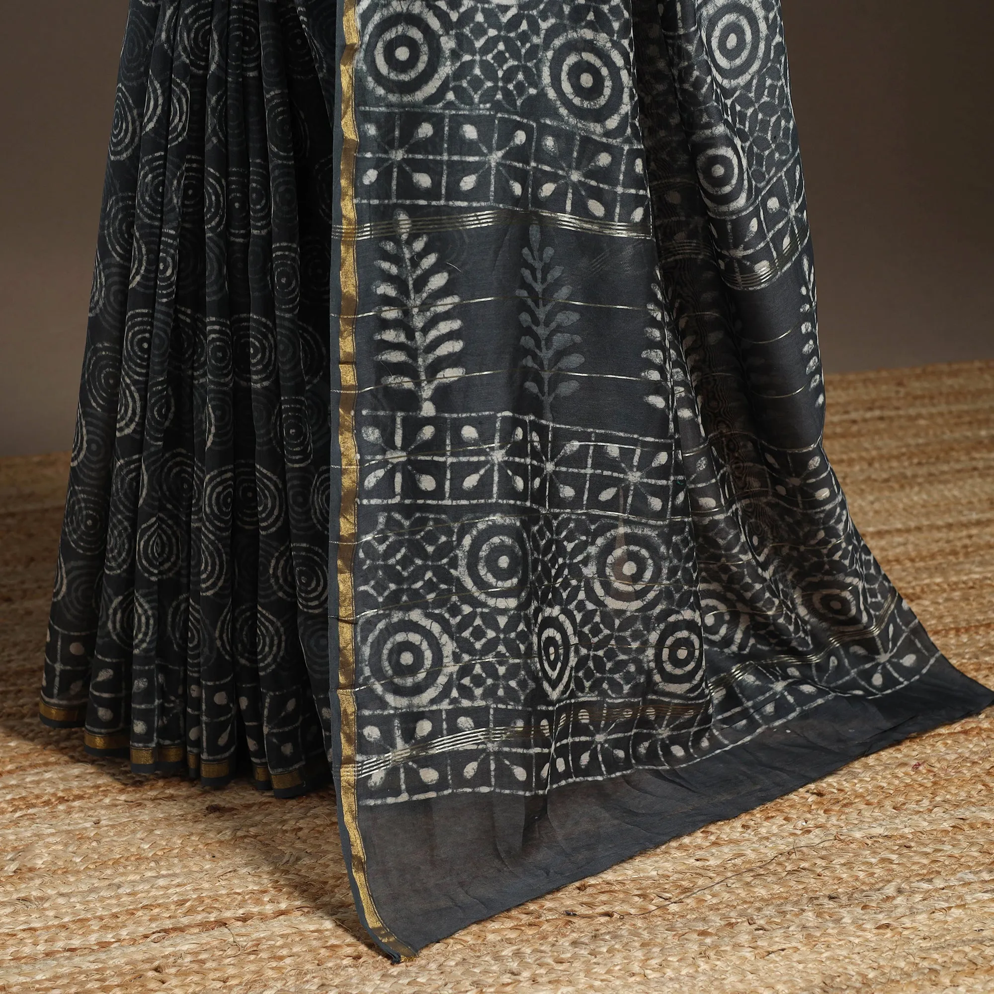 Grey - Chanderi Silk Hand Block Print Bagru Saree with Zari Border 16 sold by Itokri product image thumbnail 4