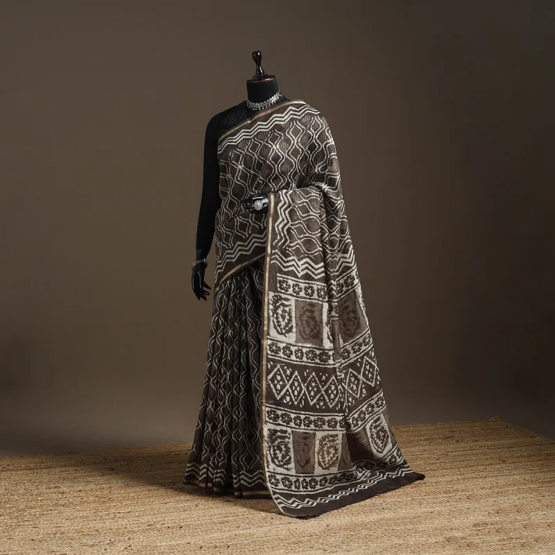 Brown - Chanderi Silk Hand Block Print Bagru Saree with Zari Border 15 sold by Itokri