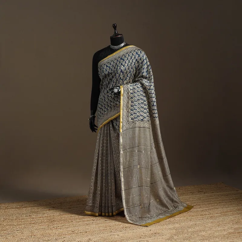 Blue - Chanderi Silk Hand Block Print Bagru Saree with Zari Border 06 sold by Itokri