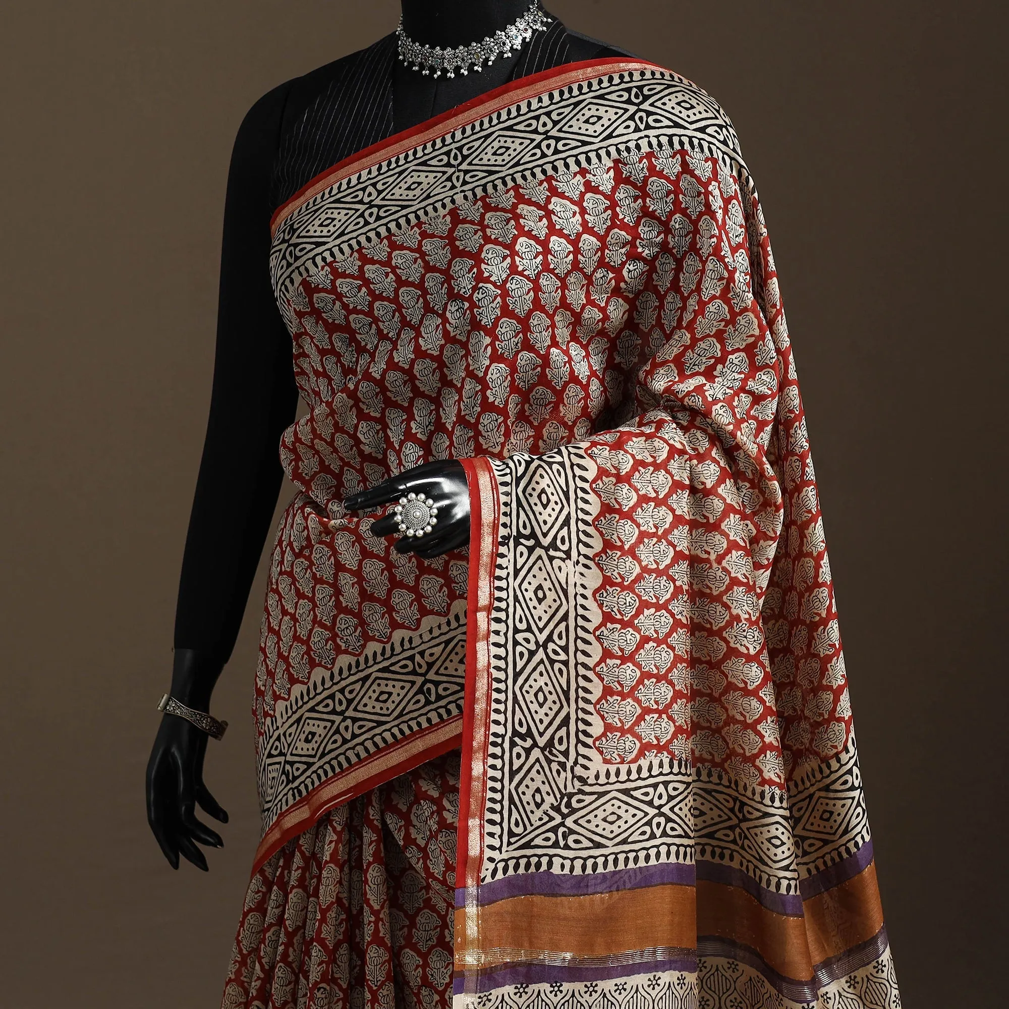 Red - Chanderi Silk Hand Block Print Bagru Saree with Zari Border 05 sold by Itokri product image thumbnail 2