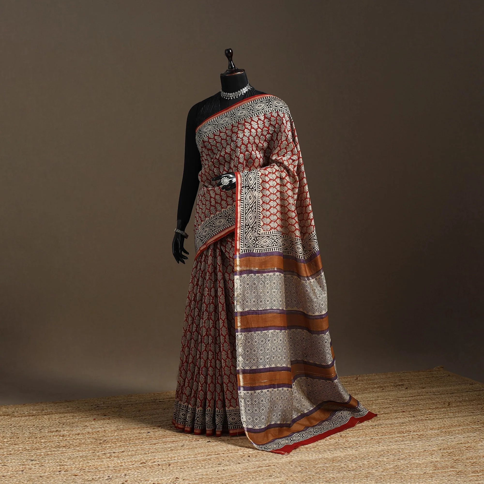 Red - Chanderi Silk Hand Block Print Bagru Saree with Zari Border 05 sold by Itokri