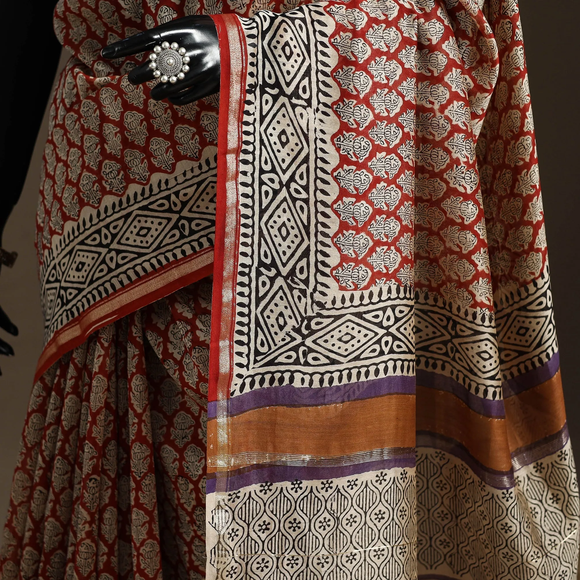 Red - Chanderi Silk Hand Block Print Bagru Saree with Zari Border 05 sold by Itokri product image thumbnail 3