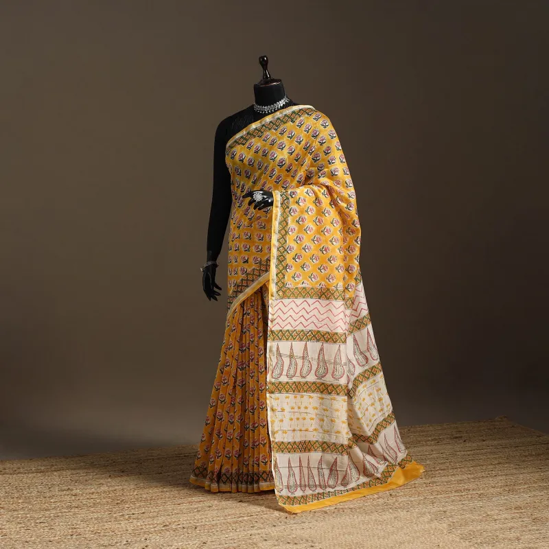 Yellow - Chanderi Silk Hand Block Sanganeri Print Saree with Zari Border 01 sold by Itokri