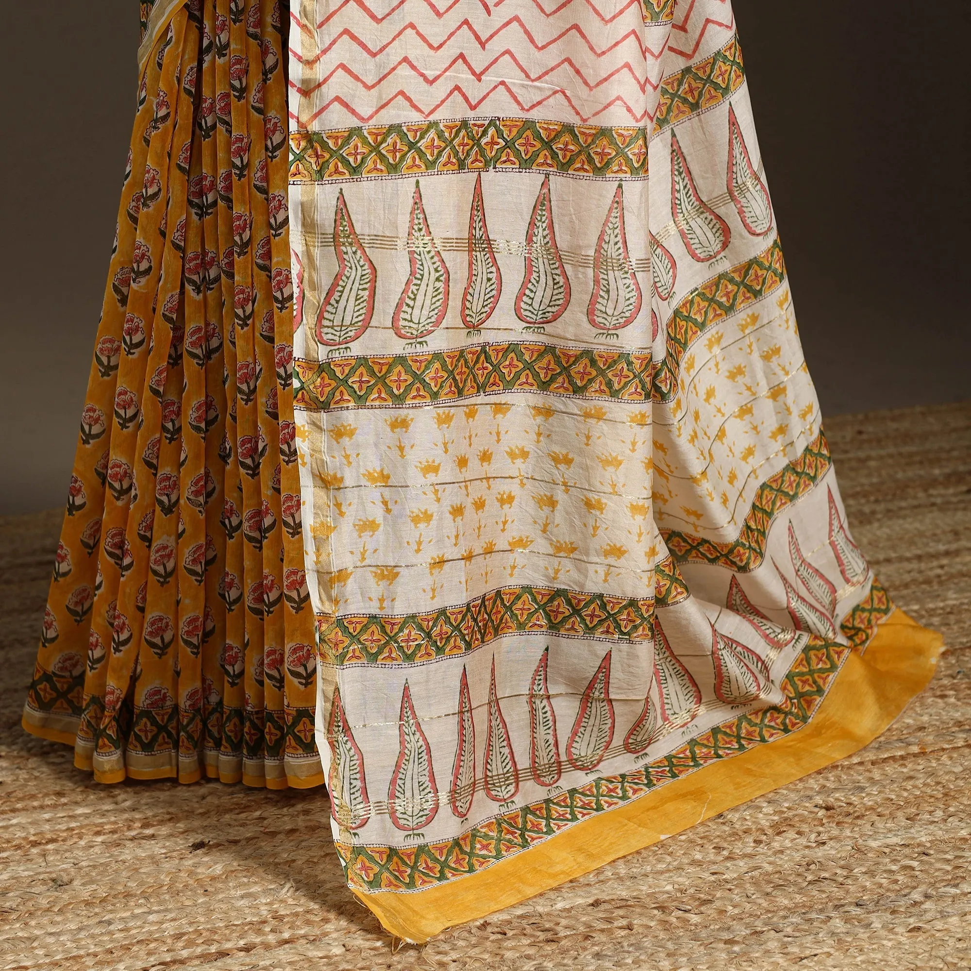 Yellow - Chanderi Silk Hand Block Sanganeri Print Saree with Zari Border 01 sold by Itokri product image thumbnail 4