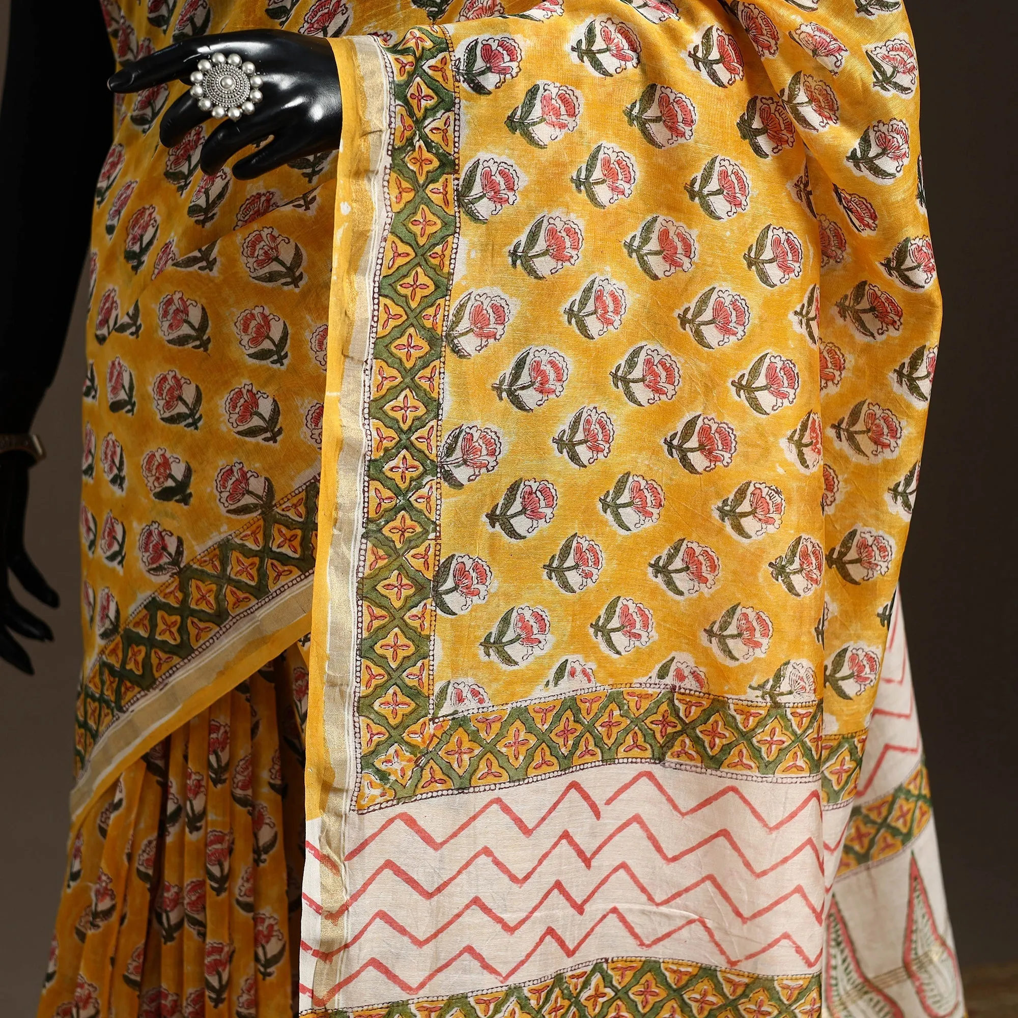 Yellow - Chanderi Silk Hand Block Sanganeri Print Saree with Zari Border 01 sold by Itokri product image thumbnail 3