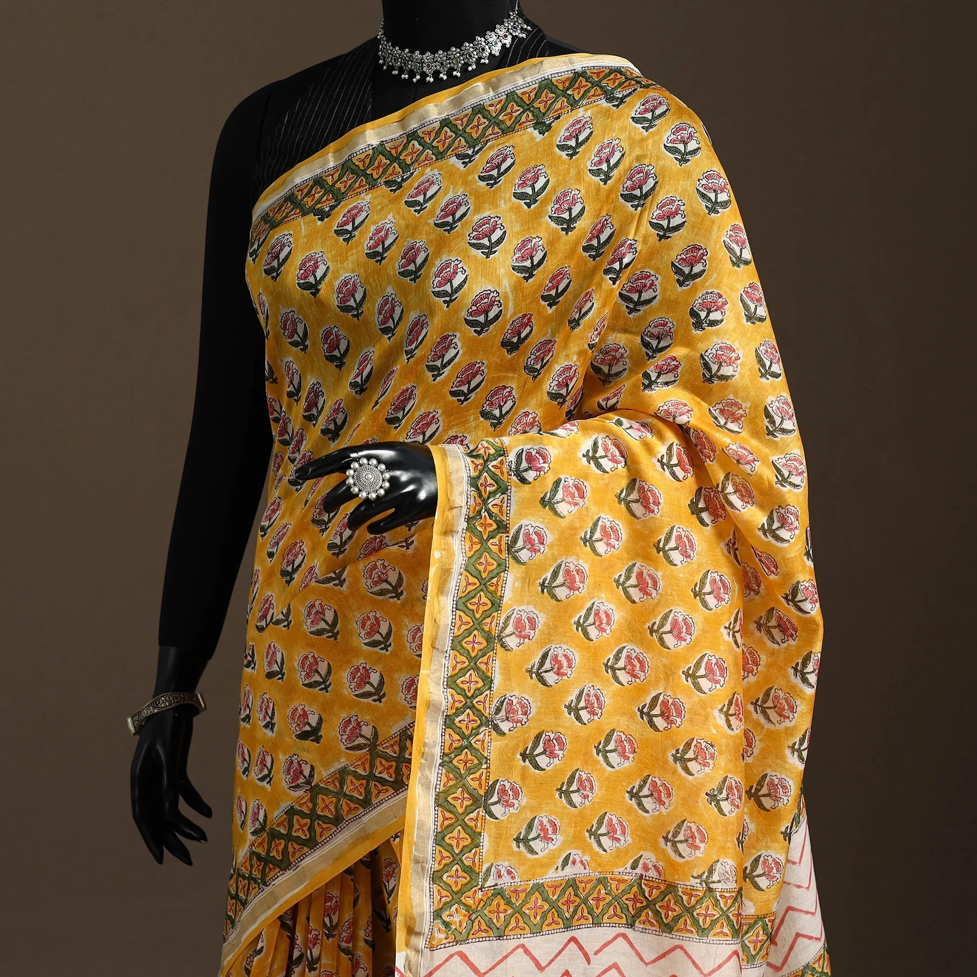 Yellow - Chanderi Silk Hand Block Sanganeri Print Saree with Zari Border 01 sold by Itokri product image thumbnail 2