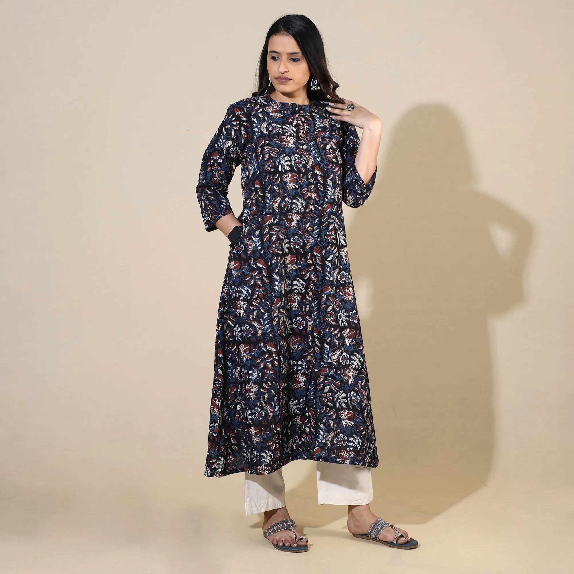 Blue - Bagru Hand Block Printed Cotton A-Line Long Kurta 08 sold by Itokri product image thumbnail 4