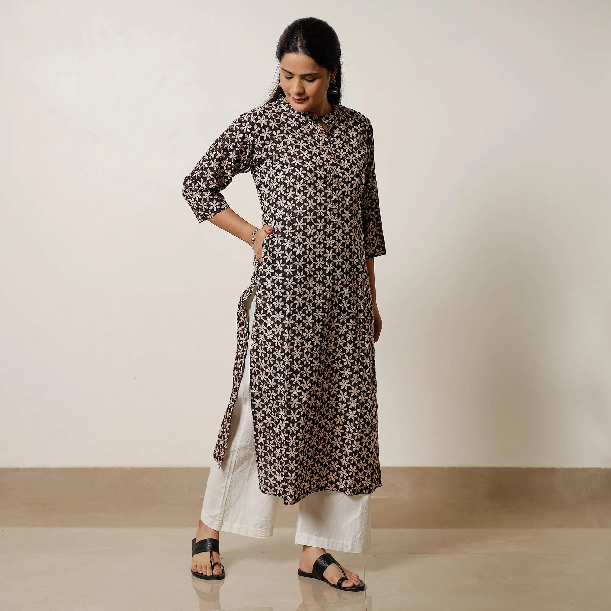 Black & White Champa Floral Buta Bagru Hand Block Printed Cotton Long Kurta 01 sold by Itokri product image thumbnail 3