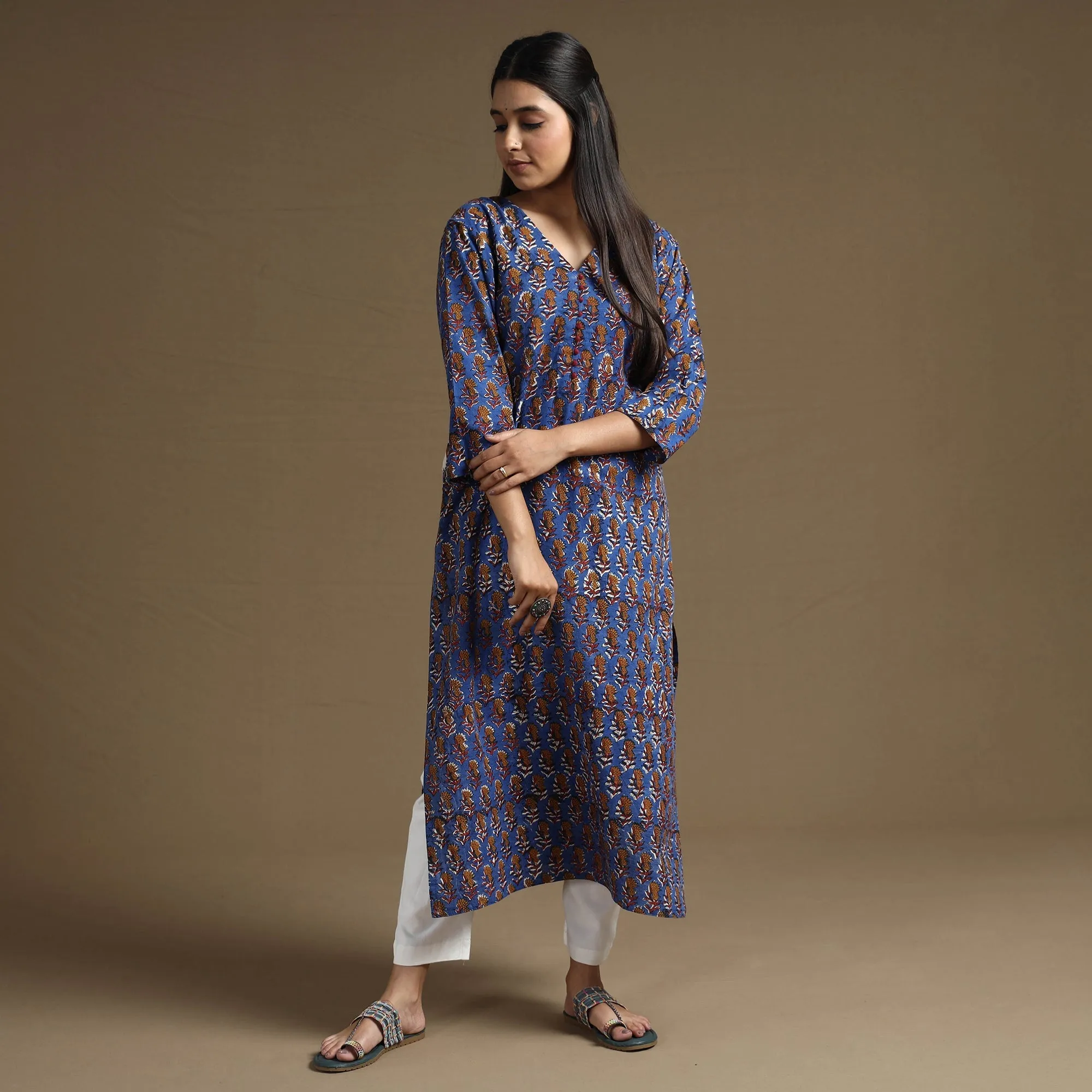Blue - Bagru Hand Block Printed Cotton Long Straight Kurta sold by Itokri product image thumbnail 3