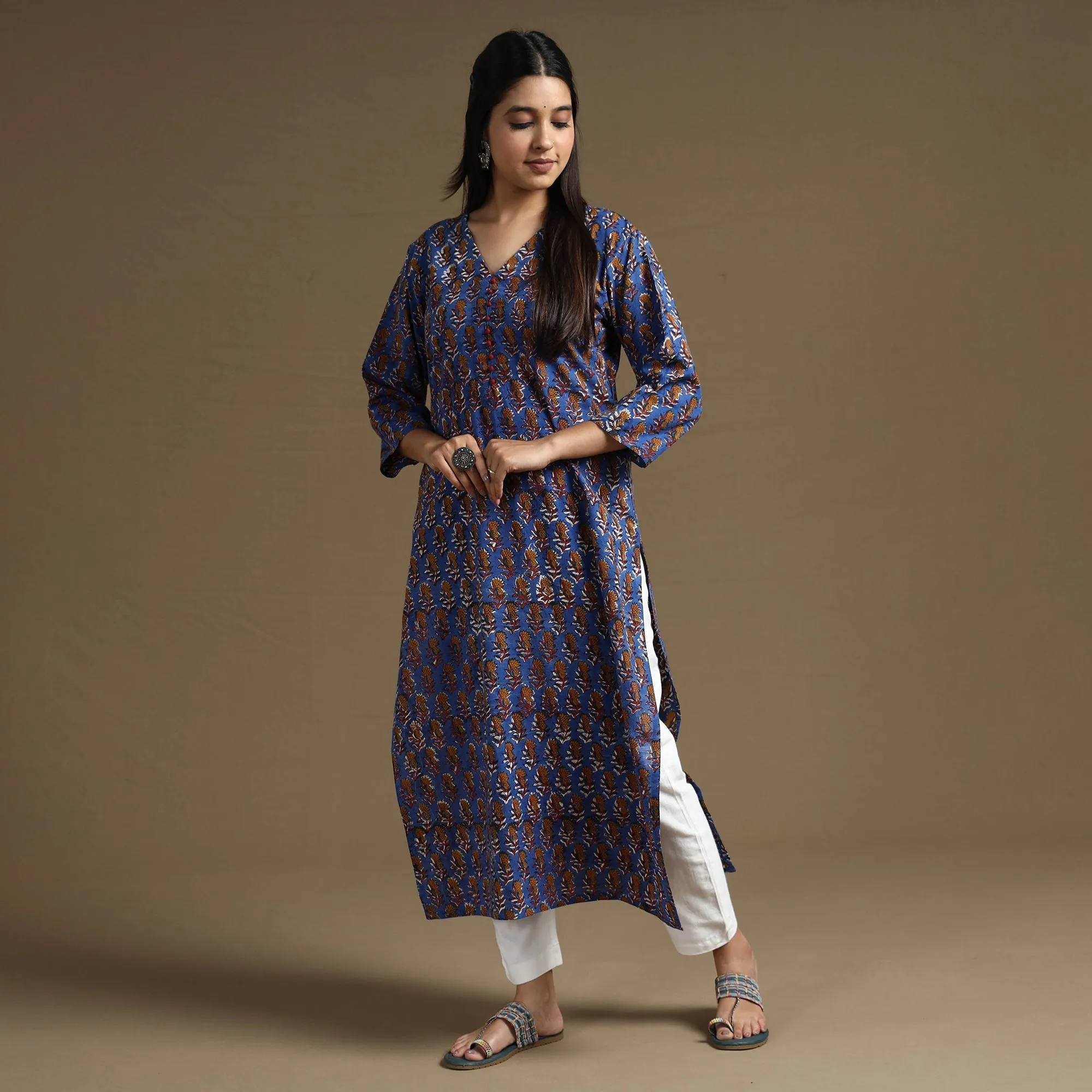 Blue - Bagru Hand Block Printed Cotton Long Straight Kurta sold by Itokri product image thumbnail 2