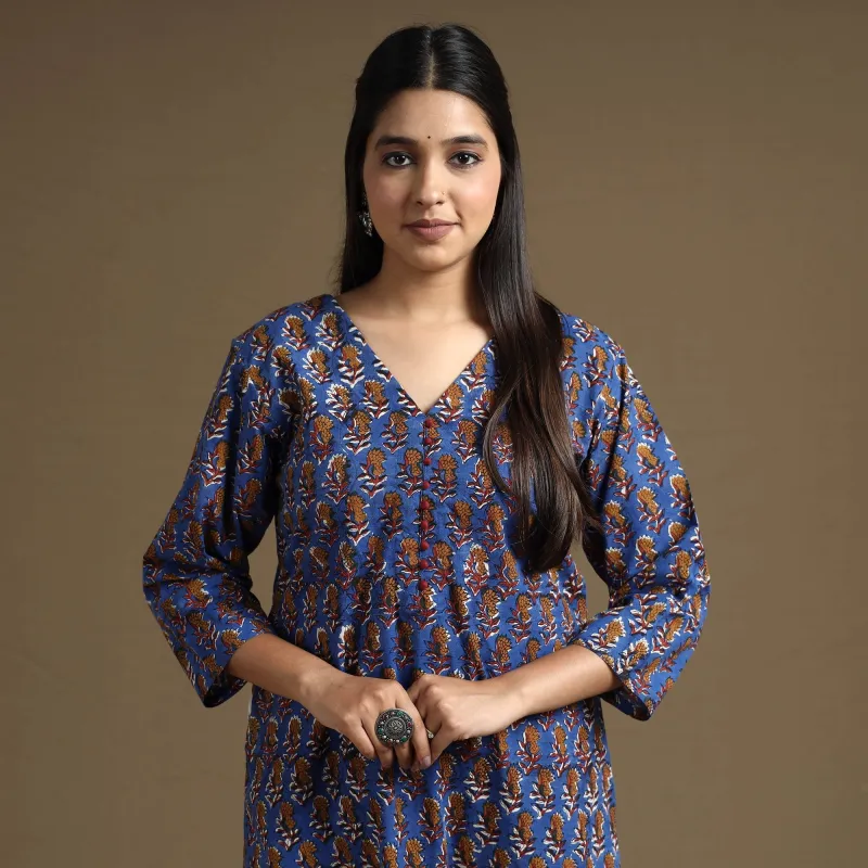 Blue - Bagru Hand Block Printed Cotton Long Straight Kurta sold by Itokri