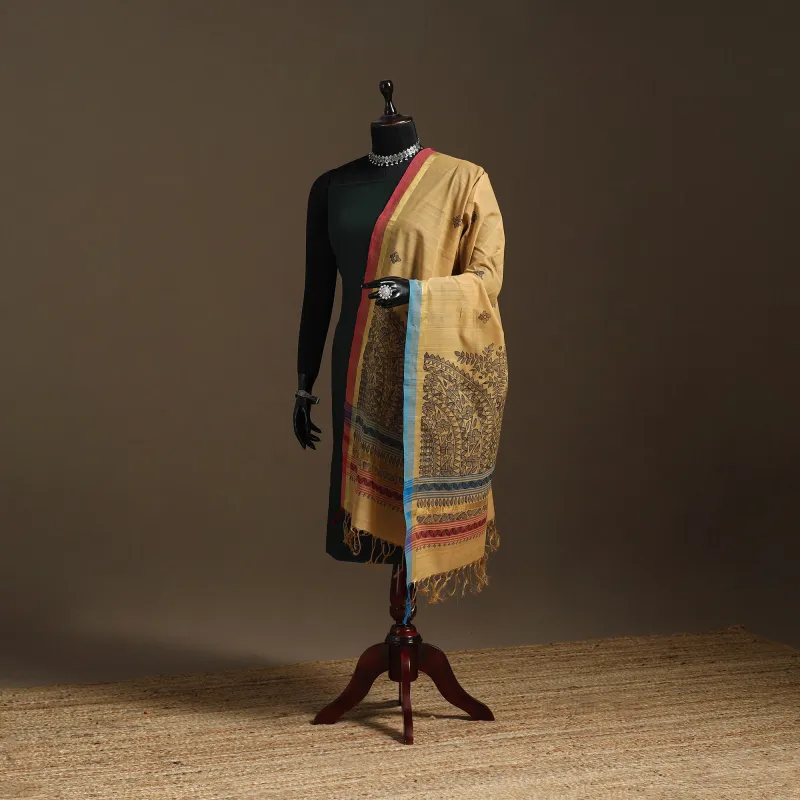 Beige - Handloom Silk Cotton Handpainted Madhubani Dupatta 07 sold by Itokri
