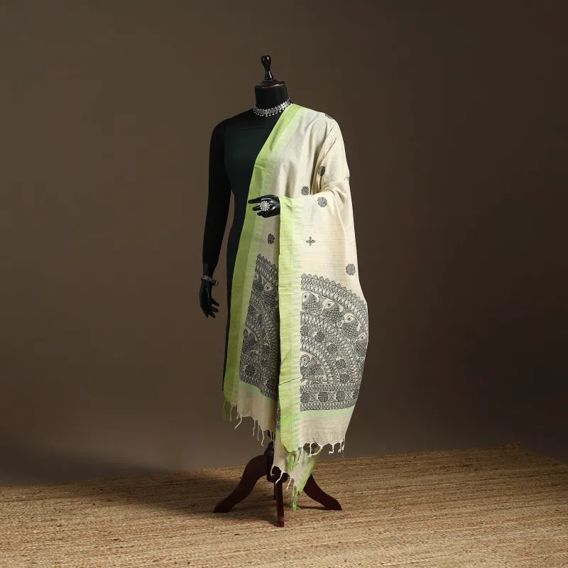 White - Handloom Silk Cotton Handpainted Madhubani Dupatta 06 sold by Itokri