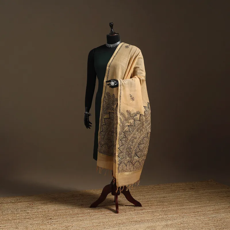 Beige - Handloom Silk Cotton Handpainted Madhubani Dupatta 05 sold by Itokri