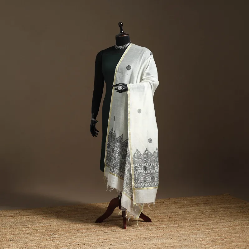 White - Handloom Silk Cotton Handpainted Madhubani Dupatta 01 sold by Itokri