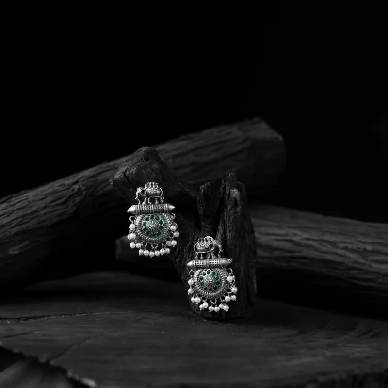 Green - Saanjh Bela Elephant Motif Oxidised Earrings made by Itokri
