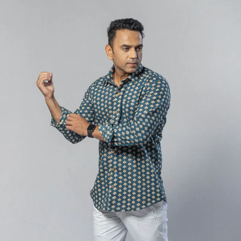 Blue - Men Full Sleeve Cotton Sanganeri Block Printed Shirt sold by Itokri