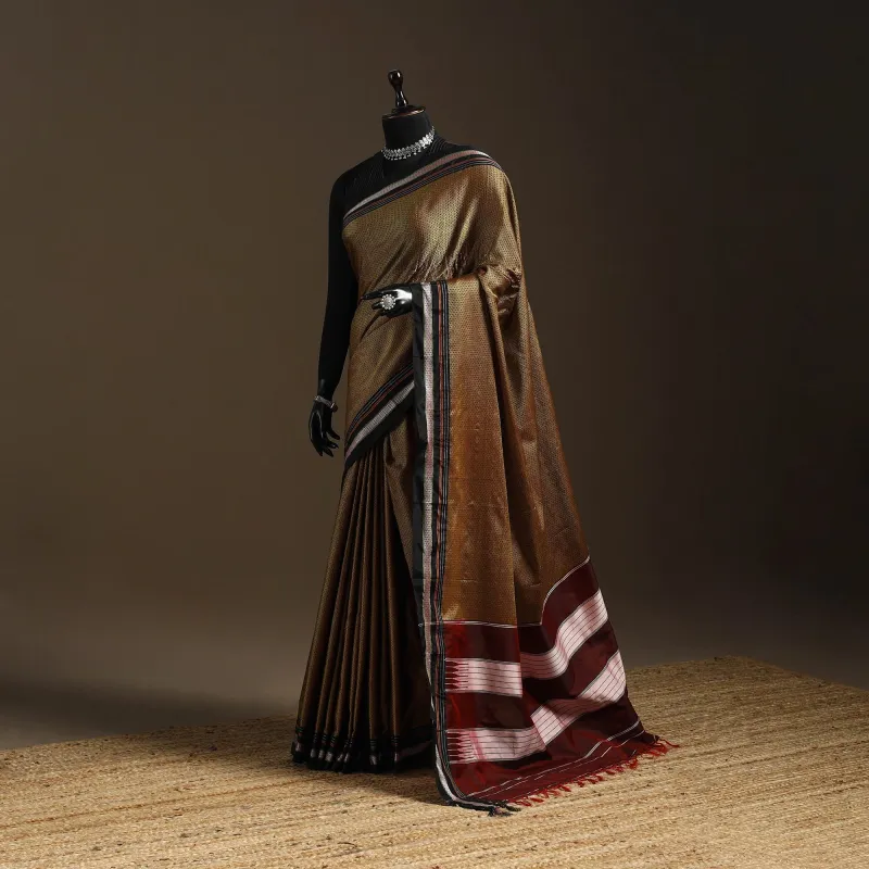 Brown - Silk Cotton Khun Saree with Ilkal Pallu Chikki Paras Border 42 sold by Itokri