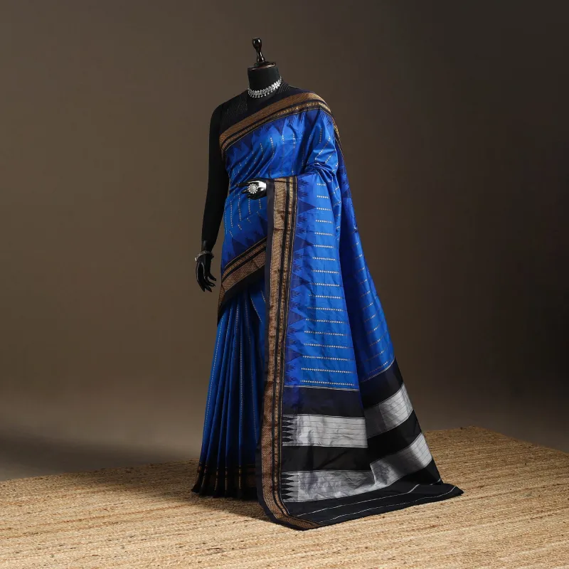 Blue - Mercerized Cotton Zari Stripes Ilkal Saree with Chikki Paras Border 24 sold by Itokri