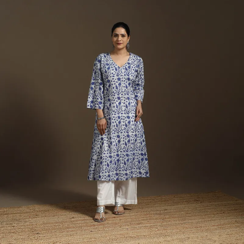 Blue - Hand Embroidery Cotton A-Line Batik Print Kurta for women 03 sold by Itokri