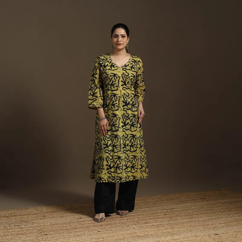 Yellow - Hand Embroidery Cotton A-Line Batik Print Kurta for women 05 sold by Itokri