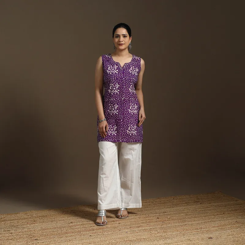Purple - Hand Embroidery Cotton Batik Print Short Kurta for women 08 made by Itokri