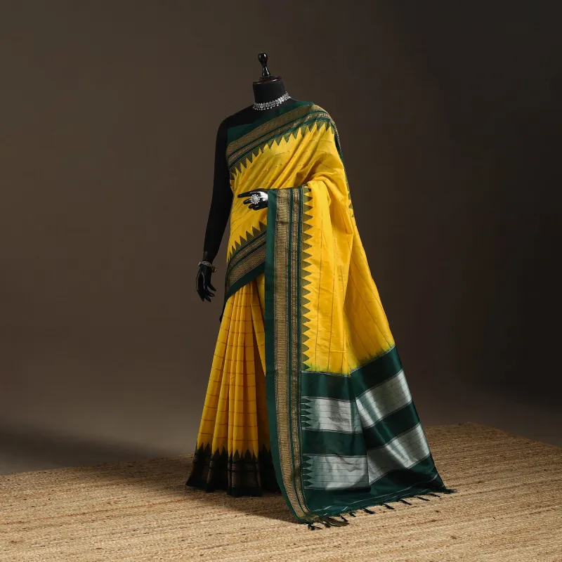 Yellow - Mercerized Cotton Zari Stripes Ilkal Saree with Rudraksha Border 04 sold by Itokri