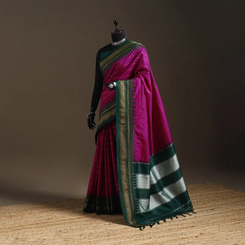 Pink - Mercerized Cotton Zari Stripes Ilkal Saree with Rudraksha Border 02 made by Itokri