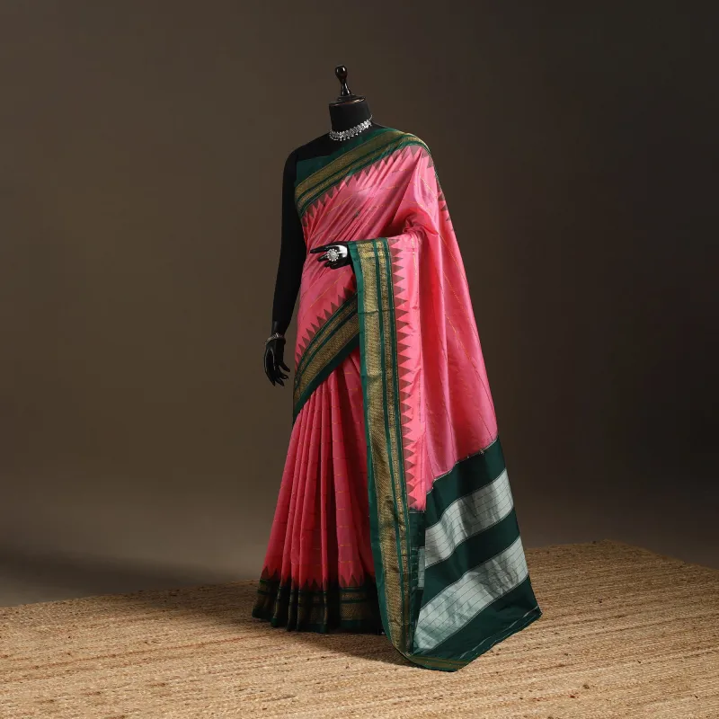 Pink - Mercerized Cotton Zari Stripes Ilkal Saree with Rudraksha Border 01 made by Itokri