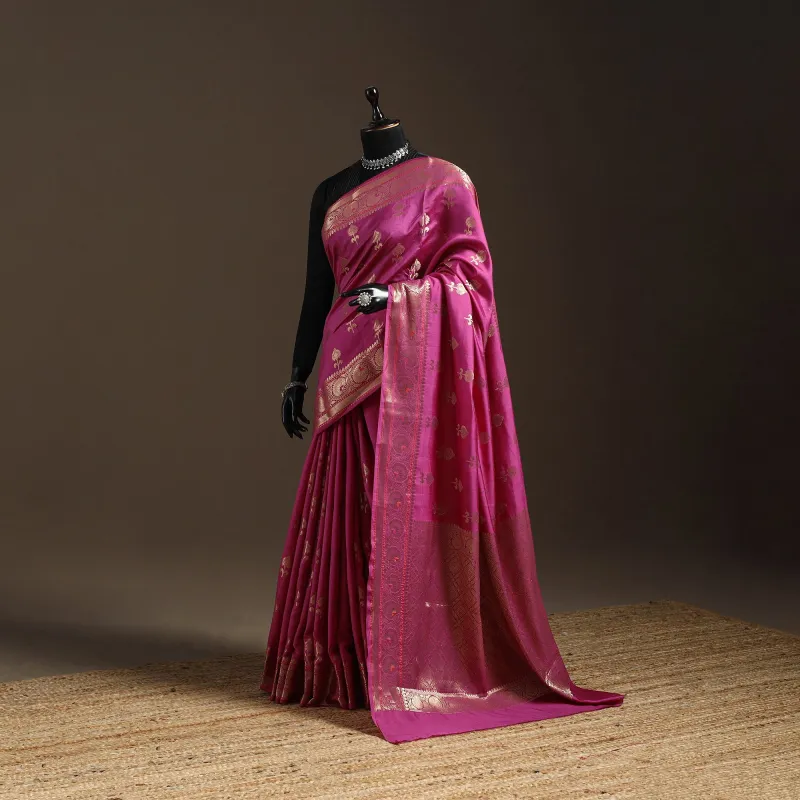 Pink - Zari Work Chiniya Silk Banarasi Saree 17 sold by Itokri