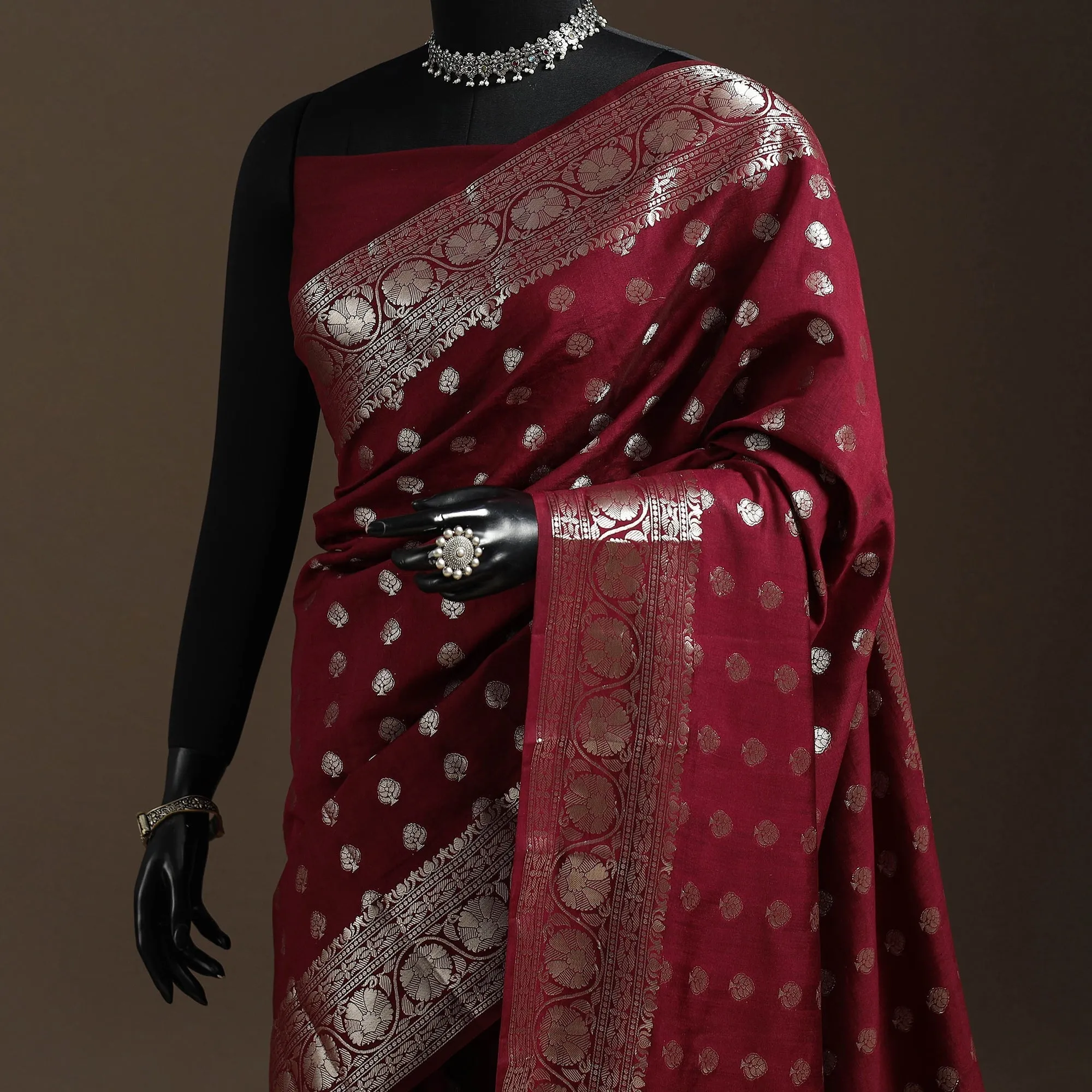 Maroon - Zari Work Chiniya Silk Banarasi Saree 13 sold by Itokri product image thumbnail 2