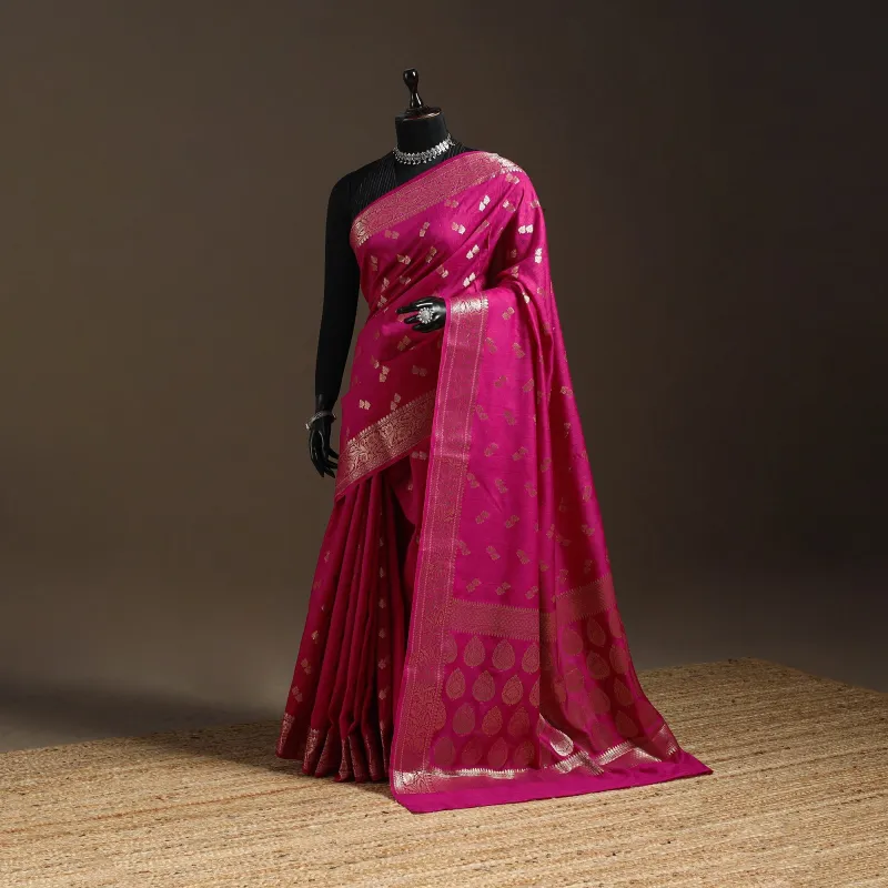 Pink - Zari Work Chiniya Silk Banarasi Saree 10 sold by Itokri