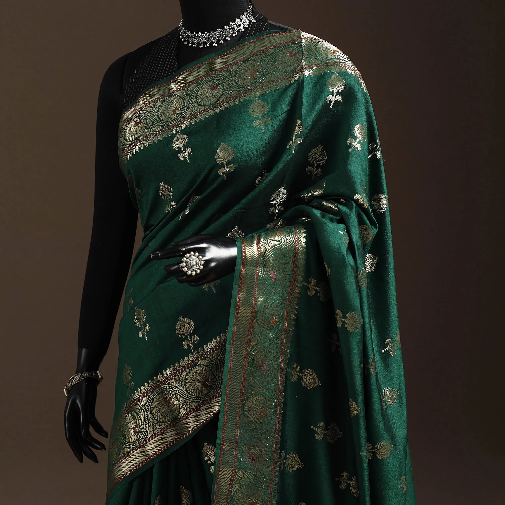 Green - Zari Work Chiniya Silk Banarasi Saree 09 sold by Itokri product image thumbnail 2