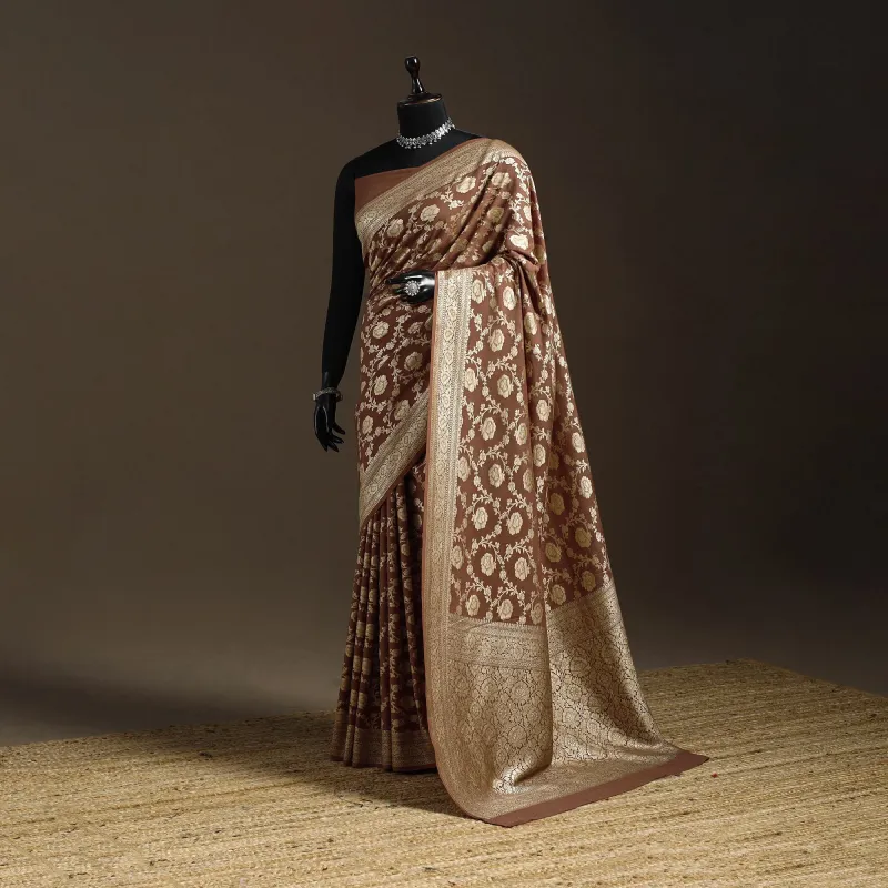 Brown - Handwoven Zari Jaal Work Mulberry x Muga Silk Heavy Banarasi Saree 01 sold by Itokri