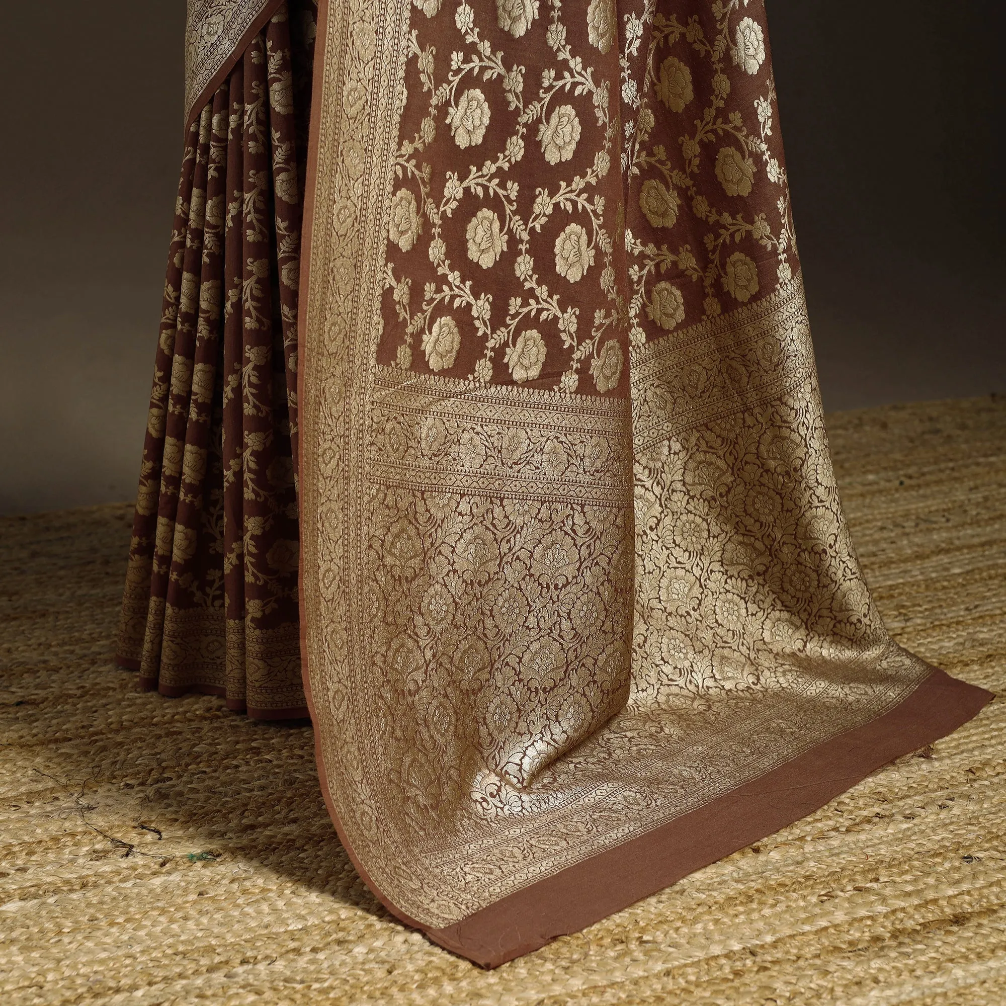 Brown - Handwoven Zari Jaal Work Mulberry x Muga Silk Heavy Banarasi Saree 01 sold by Itokri product image thumbnail 4