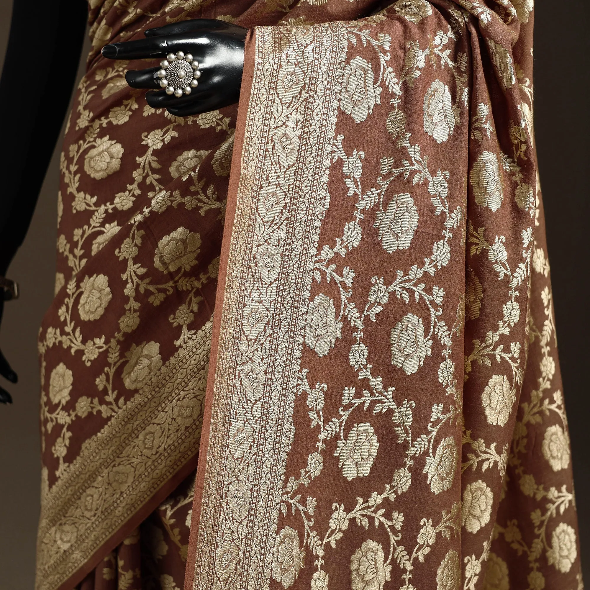 Brown - Handwoven Zari Jaal Work Mulberry x Muga Silk Heavy Banarasi Saree 01 sold by Itokri product image thumbnail 3