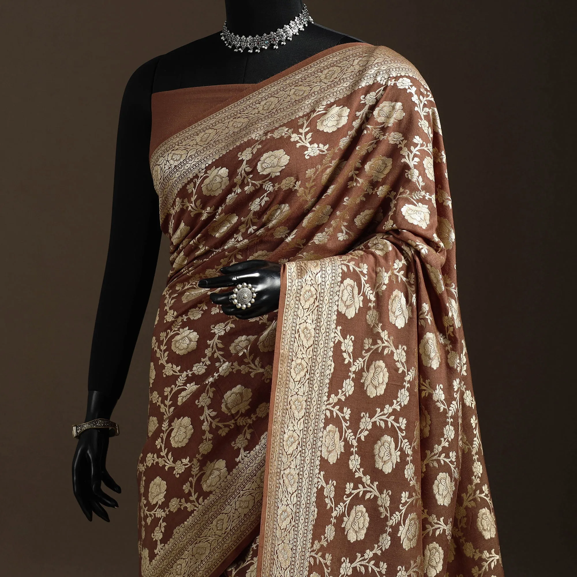 Brown - Handwoven Zari Jaal Work Mulberry x Muga Silk Heavy Banarasi Saree 01 sold by Itokri product image thumbnail 2