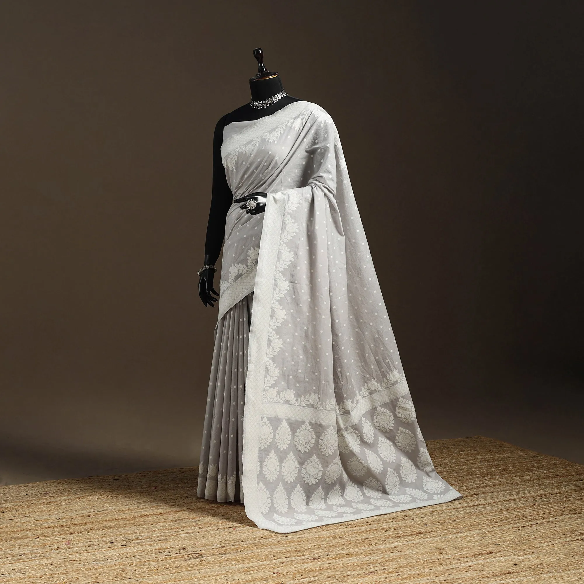 Grey - Silk Cotton Cutwork Buti Banarasi Saree 52 sold by Itokri