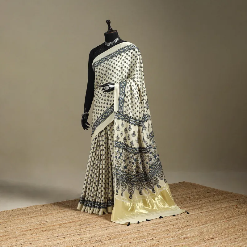 Beige - Natural Dyed Block Print Modal Silk Ajrakh Saree with Lagdi Patta 05 sold by Itokri