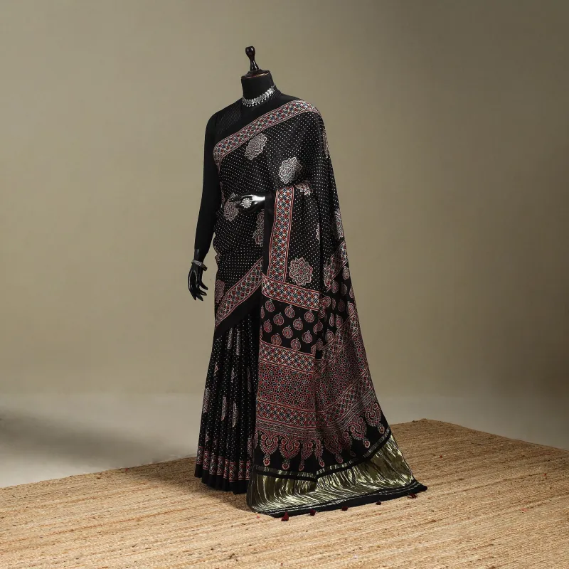 Black - Natural Dyed Block Print Modal Silk Ajrakh Saree with Lagdi Patta 04 sold by Itokri