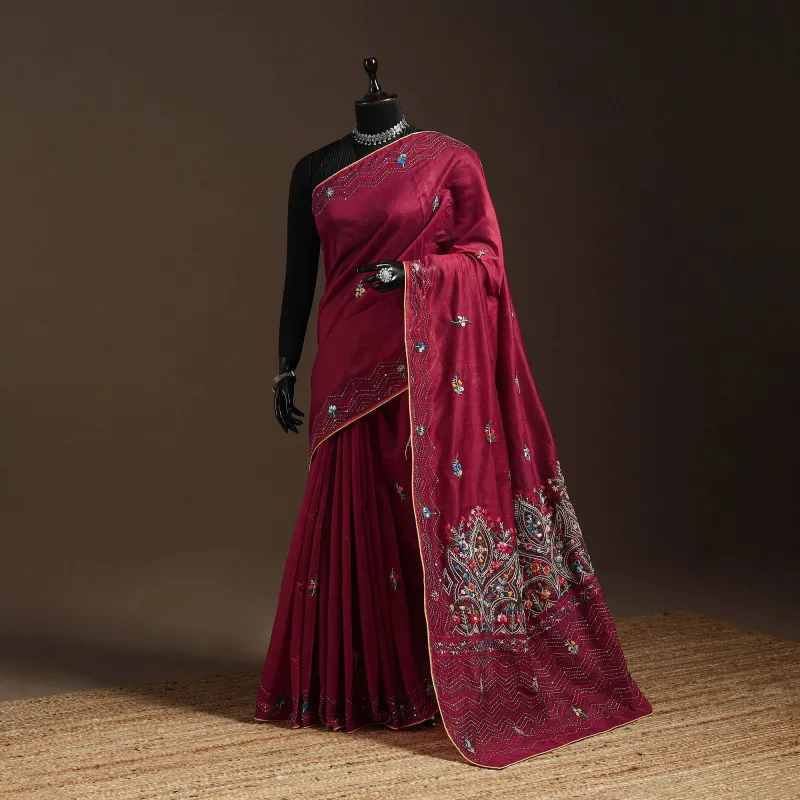 Maroon - Bengal Chanderi Silk Hand Embroidered Saree 42 sold by Itokri