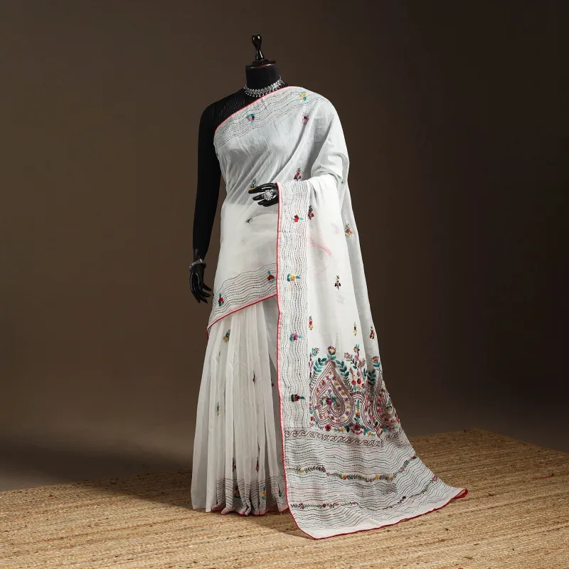 White - Bengal Chanderi Silk Hand Embroidered Saree 38 sold by Itokri