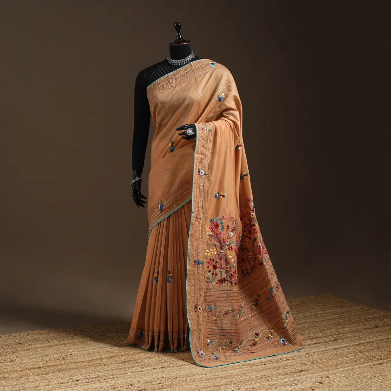 Brown - Bengal Chanderi Silk Hand Embroidered Saree 36 made by Itokri