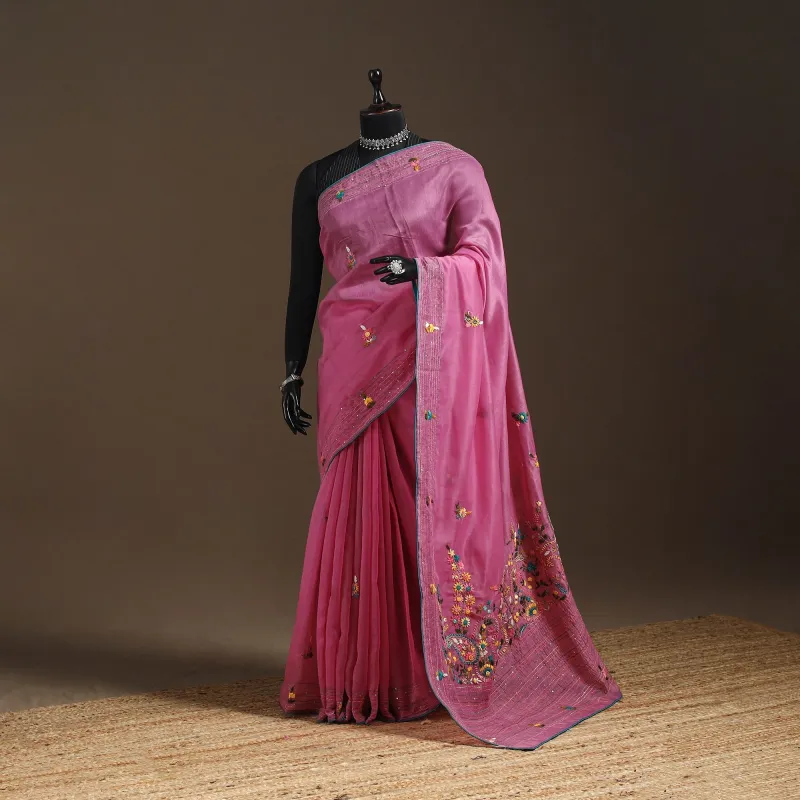 Pink - Bengal Chanderi Silk Hand Embroidered Saree 35 sold by Itokri