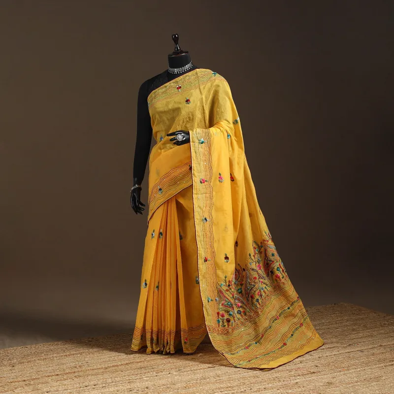 Yellow - Bengal Chanderi Silk Hand Embroidered Saree 34 sold by Itokri