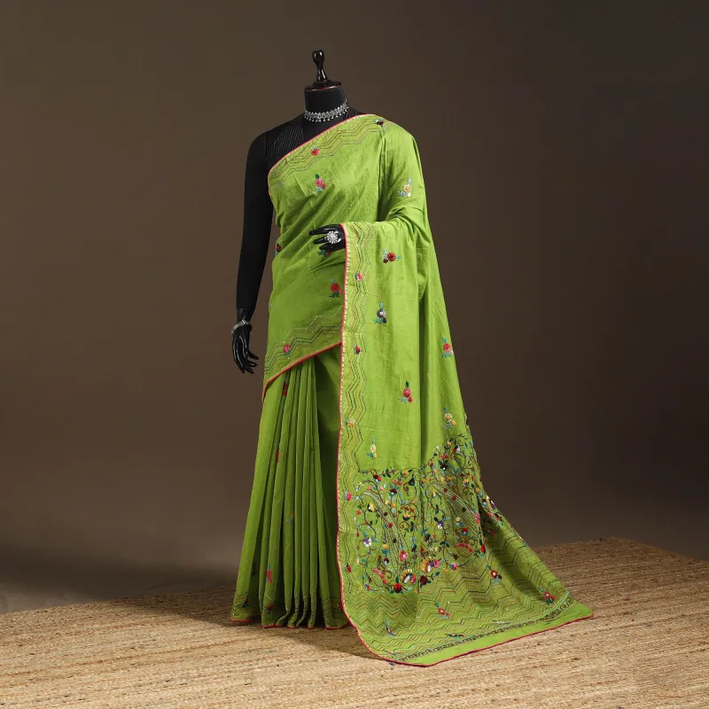 Green - Bengal Chanderi Silk Hand Embroidered Saree 33 sold by Itokri