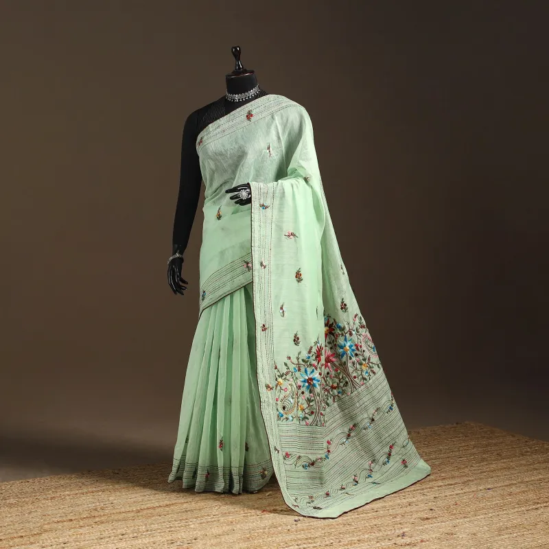 Green - Bengal Chanderi Silk Hand Embroidered Saree 31 sold by Itokri