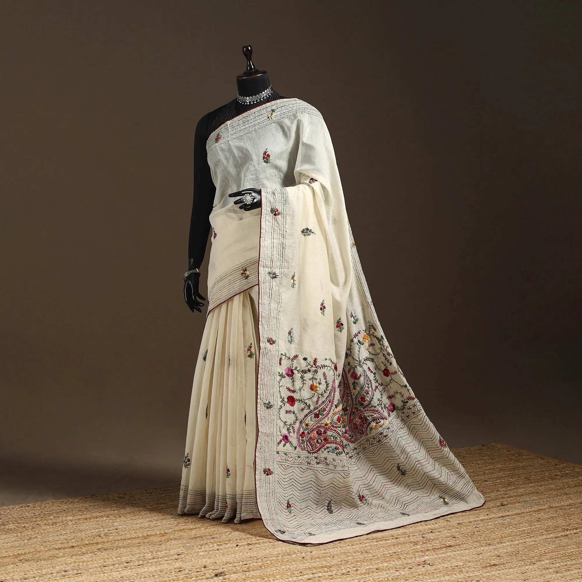 White - Bengal Chanderi Silk Hand Embroidered Saree 26 sold by Itokri