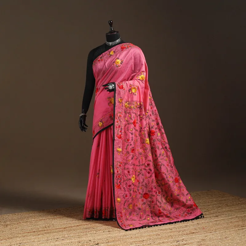 Pink - Bengal Chanderi Silk Hand Embroidered Saree 17 made by Itokri